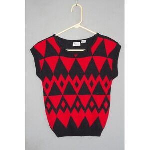 Vintage 80s Open-knit Shortsleeve Sweater Black Red Geometric Shapes